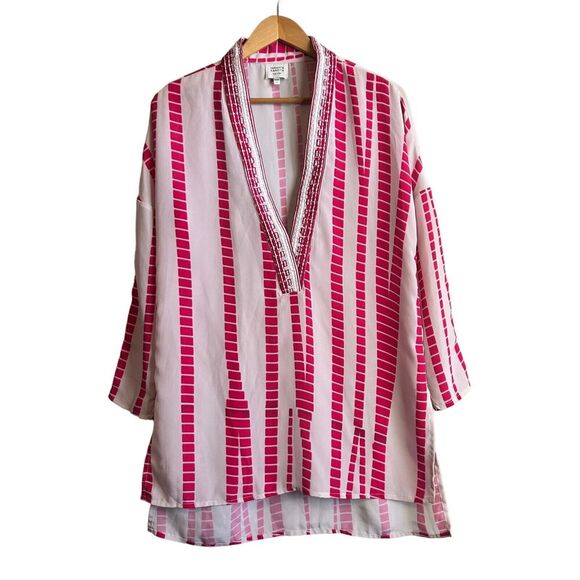 Hemant & Nandita Tunic Swim Coverup Pin White Long Sleeve Embroidered Bohemian - Picture 1 of 10